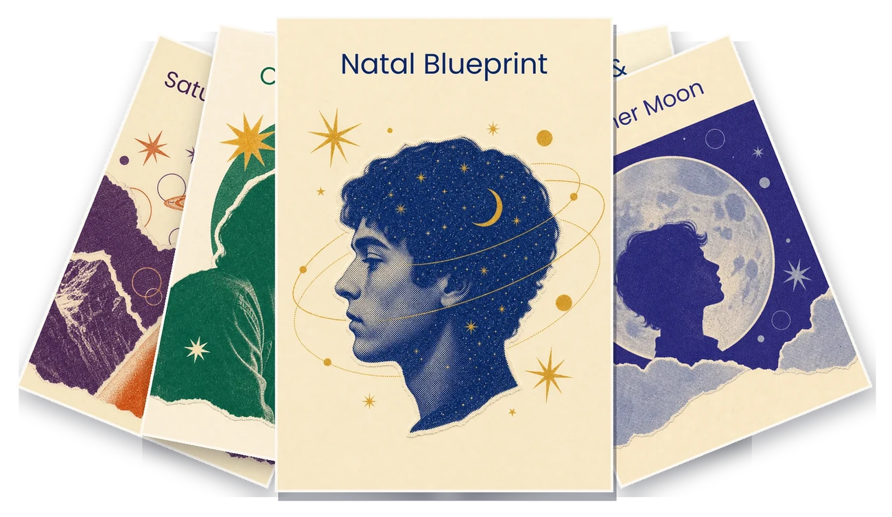 A fan of white-label astrology report covers - Saturn Return, Career & Money, Natal Blueprint, Dating & Relating and Your Inner Moon